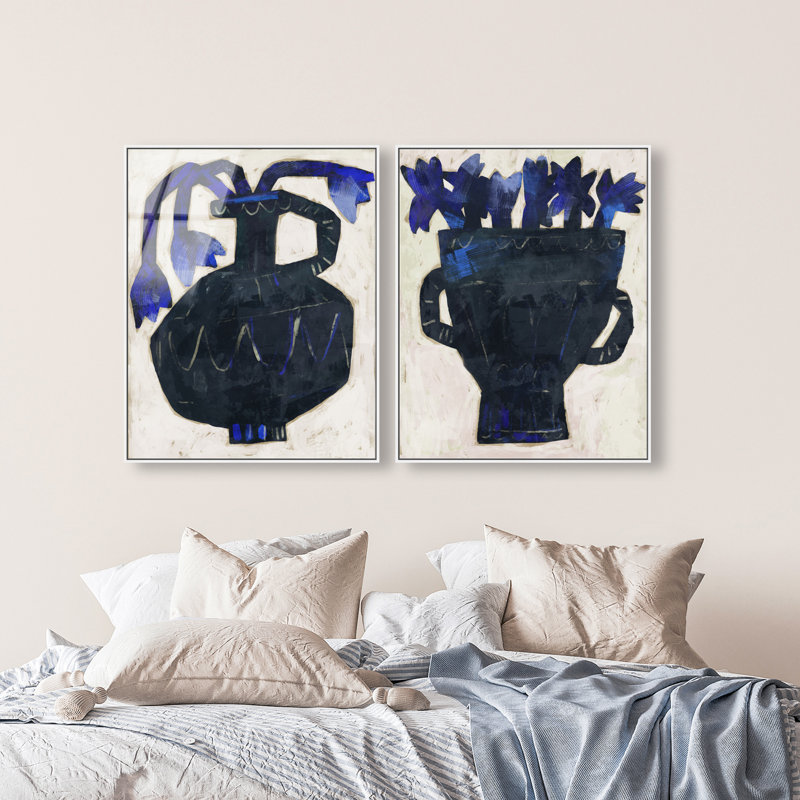 Indigo Vases Set Set by Oliver Gal, 42"H x 34"W, White Floater Frame