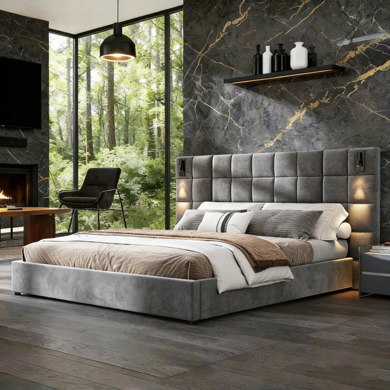 King Size Upholstered Bed with Wall Sconce & USB Port, Wide Velvet Headboard, Modern Platform Bed Frame in Gray (Mattress not included)