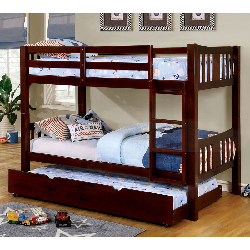 Dark Walnut Twin Over Bunk Bed Of Transitional Flair, Solid Wood, Attached , 13 Slats, Rails With Lock Joint Structure, Trundle Not Part Offer Vibe, Finish, Pc. Insert & Joint, Available