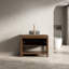 Meuble-lavabo de salle de bain 36 po Indigo, armoire de rangement autoportante en contreplaqué avec 2 portes diagonales rayées et tablette ouverte, lavabo en verre de transport noir et plateau en pierre frittée blanc de Carrare, grain de bois noyer foncé-130369467-130369474