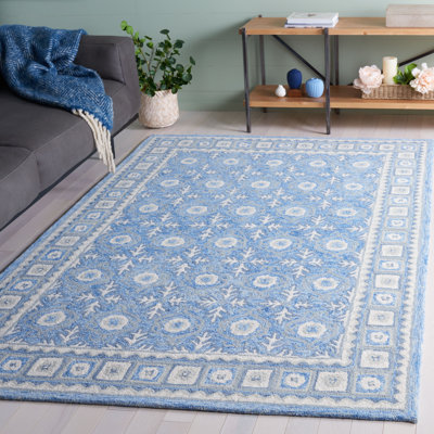 Ebony Hand Tufted Wool/Cotton Southwestern Rug in Blue/Ivory