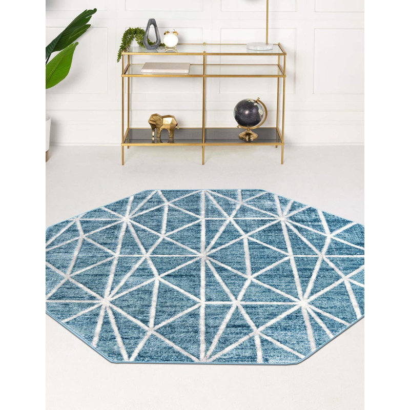 Tapis géométrique bleu / gris Jantsen, Octogone 5 pi 3 po x 5 pi 3 po
