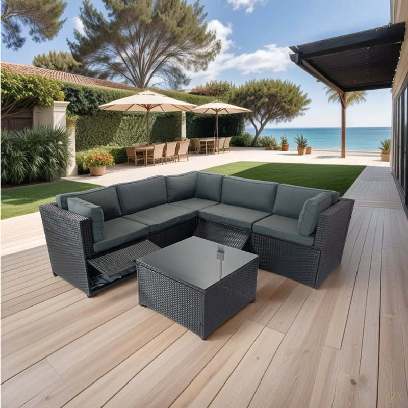 Ensemble de canapé modulaire en rotin pour l'extérieur 6 pièces avec 3 rangements en osier et coussin