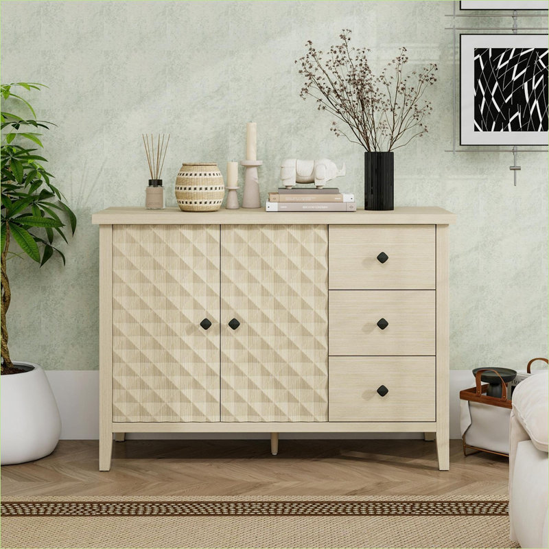 Cabinets, armoire de rangement moderne à 2 portes et 3 tiroirs avec tablette réglable, porte embossée pour entrée de cuisine | Beige | Panneau de particules et panneau de fibres à densité moyenne