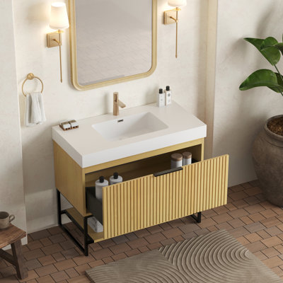 Meuble-lavabo autoportant de 36 po avec lavabo intégré en résine blanche, armoire en chêne, tiroir et tablette ouverte, grattoir, facile à entretenir, coulisses de contreplaqué encastrées en contreplaqué, pré-assemblé, preuve