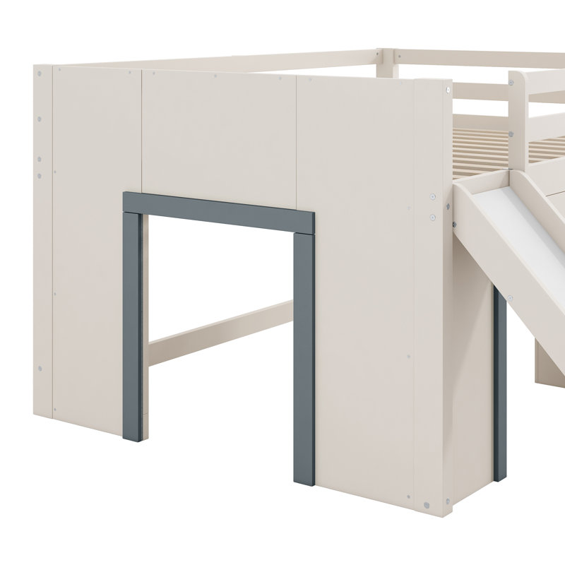 Full Size Low Loft Bed with Slide, Storage Drawers, Trundle & Pine Wood Frame, Beige Grey
