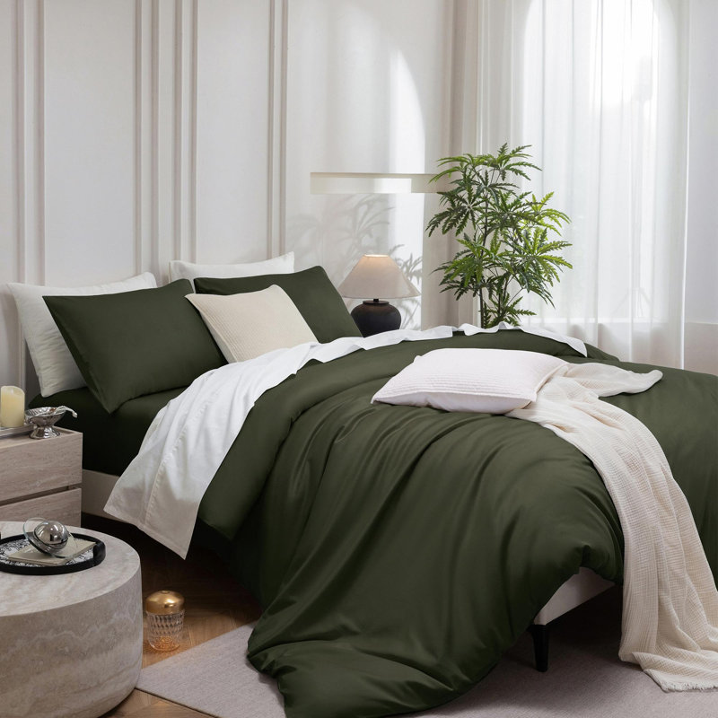 Ensemble de housse de couette MooMee, Housse de couette grand et 2 taies d'oreiller stan, Vert olive