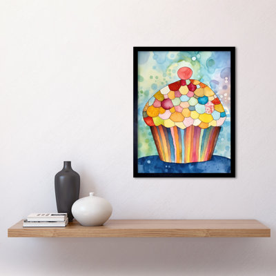Rainbow Pattern Cupcake Folk Art Watercolour Painting Art Print Framed Poster Wall Decor 12x16 inch
