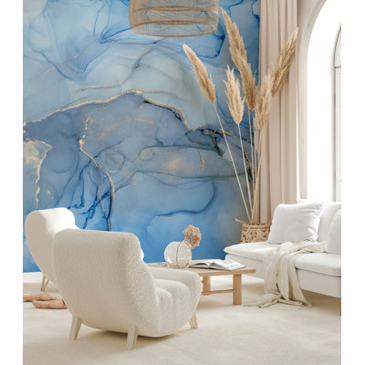 Blue Ink Marble Abstract Wallpaper with Gold Veins