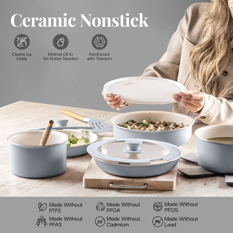 Gray and Cream Aluminum Ceramic Nonstick Cookware Set with Detachable Handles
