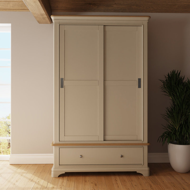 Joulon 2 Door Combination Sliding Wardrobe. Solid Wood. Oak Top. 1 Drawer OR 2 Drawer., Putty/Oak, 195 H x 121 W x 58 D cm