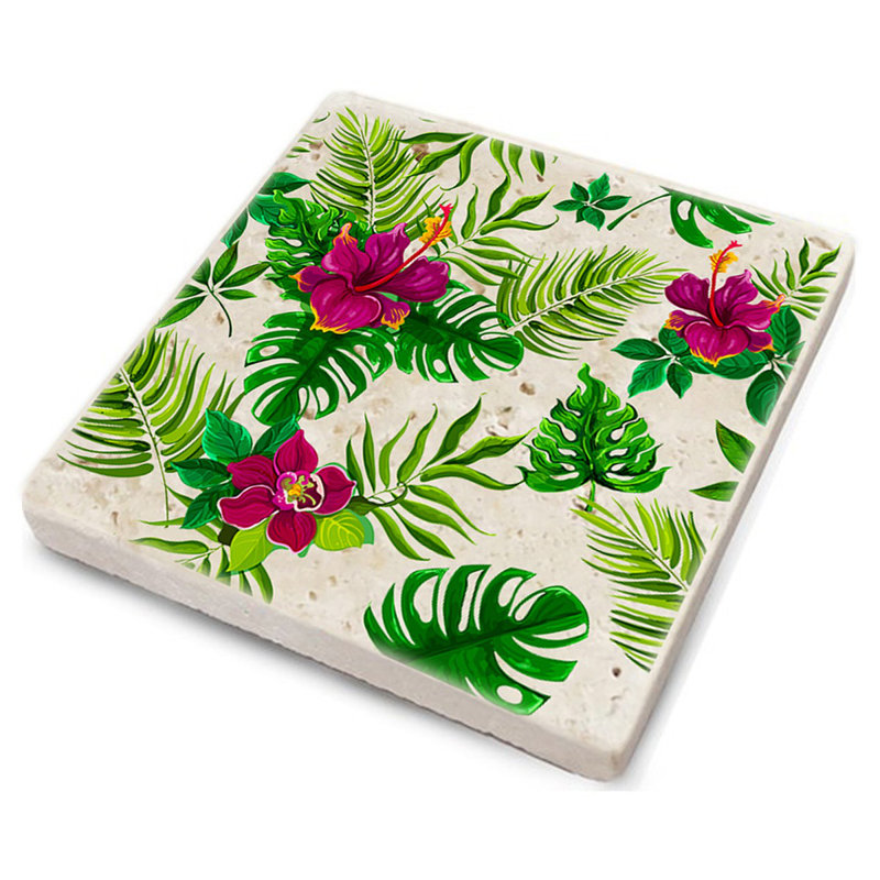 Stoneware Square 4 Piece Coaster Set, Red/Green Flower