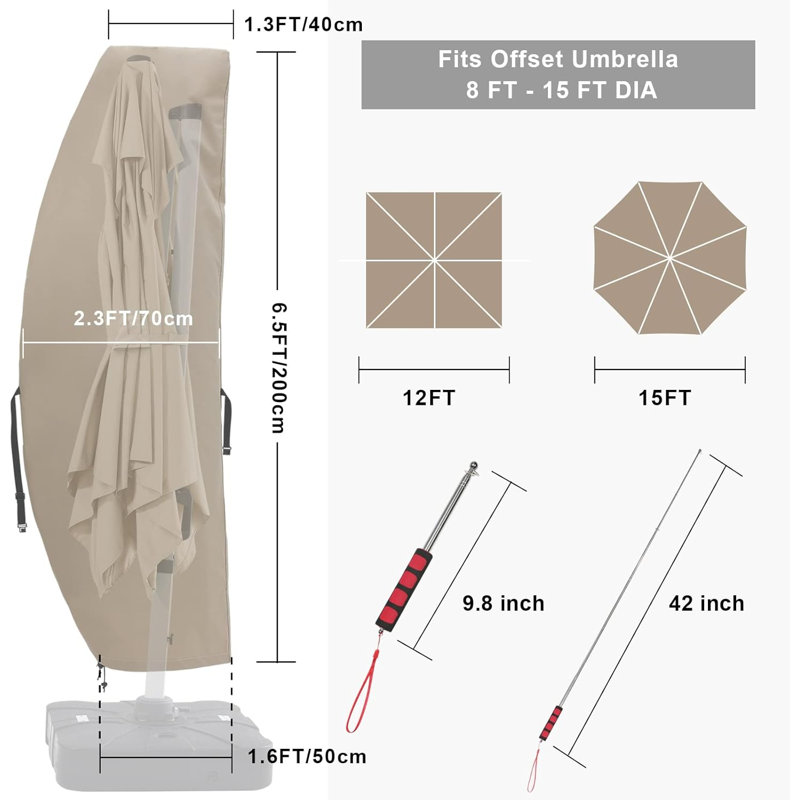 600D Patio Umbrella Parasol Cover Waterproof Outdoor Anti-UV Protective Cover With Zipper Fits Cantilever Offset Umbrella 7.5-15 Feet, Khaki