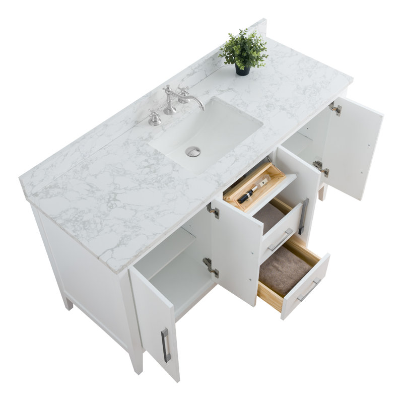 Meuble-lavabo simple 60 po avec plateau en marbre d'ingénierie 60 po, Blanc, Nickel brossé
