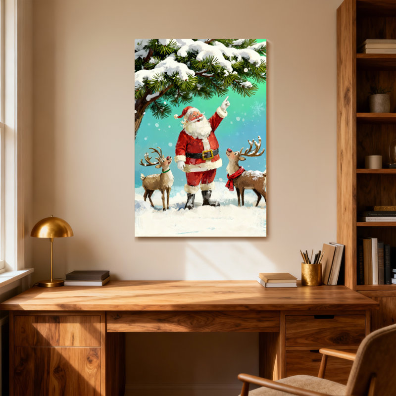 Noël père Noël avec renne dans la forêt enneigée, H 30 po x l 20 po