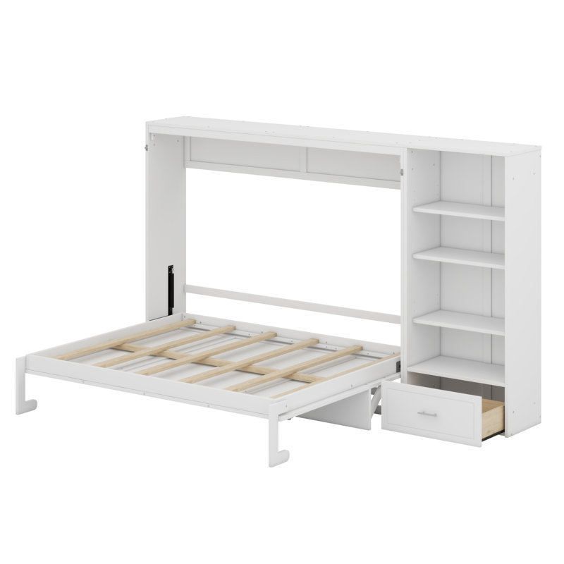 Lit escamotable avec compartiments de rangement et tablette réglables en hauteur, cadre de lit mural avec 1 tiroir, lit plateforme pliable multifonctionnel