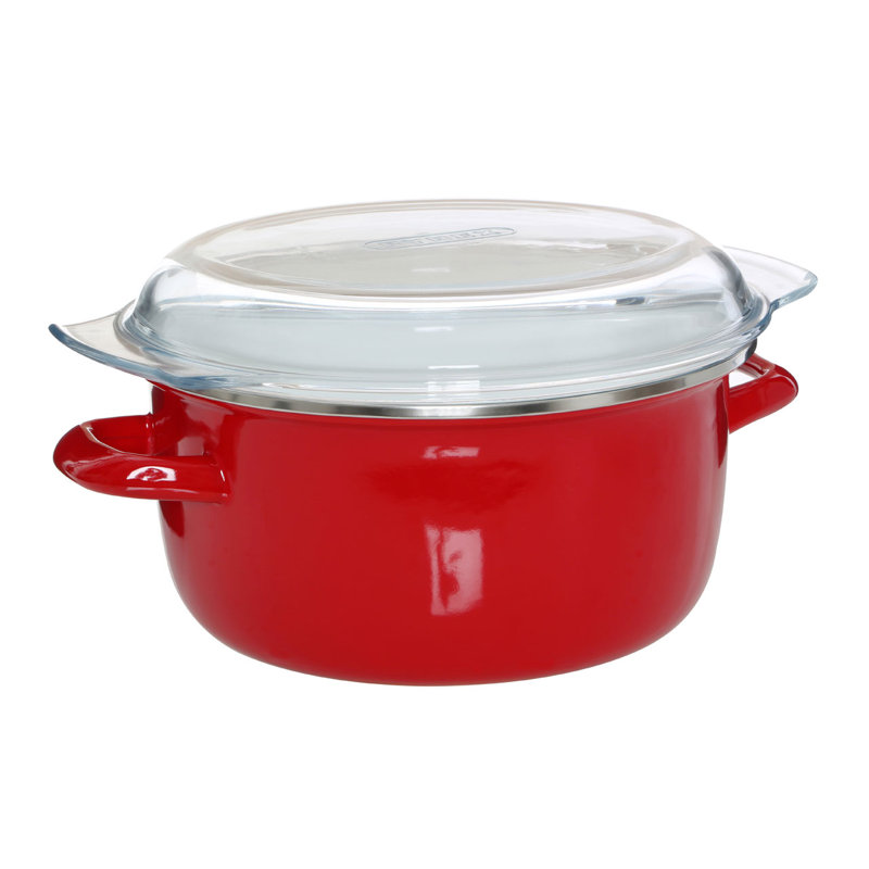 Symple Stuff Enamel on Steel Deep Fat Fryer with Glass Pyrex Lid, Red