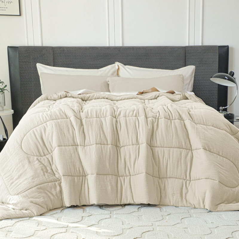 Ensemble d'édredon 100% coton mousseline, Édredon grand + 2 taies d'oreiller standard, Crème, crème