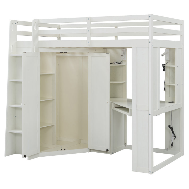 Twin Loft Bed with Desk, Large Wardrobe, Pull-Out Keyboard Tray, Charging Station & Spotlights, White, Beige White