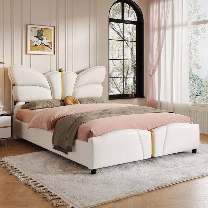 Structure de lit rembourrée en cuir PU YDT, tête de lit en forme de papillon avec décorations en métal doré, beige, Beige