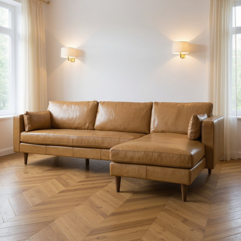 Canapé modulaire en L en cuir véritable brun clair avec méridienne et coussins décoratifs