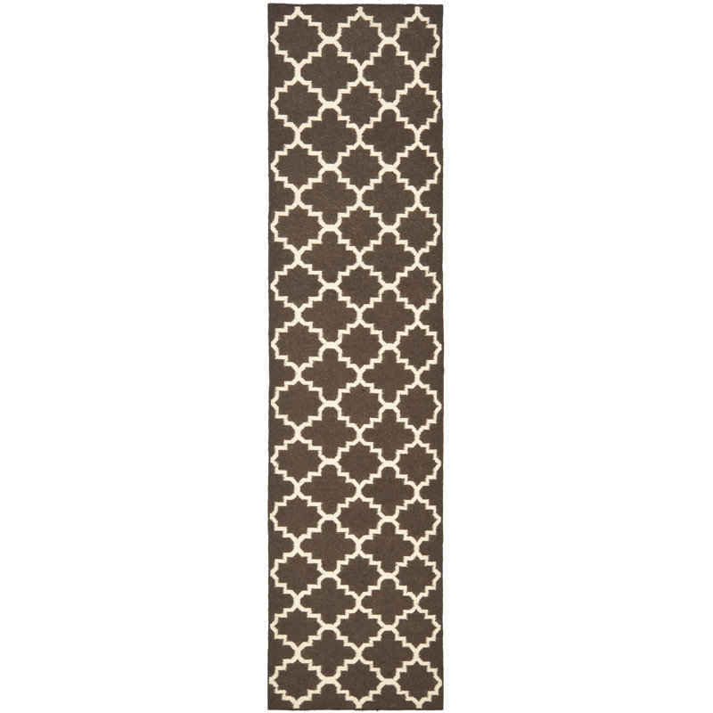Rodgers Hand Woven Flat Weave Wool/Cotton Geometric Rug in Brown/Ivory, Runner 2'6" x 12'