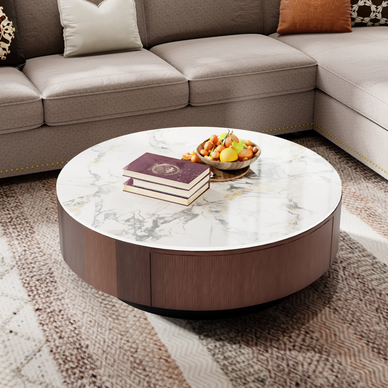 Table basse 35,4 po en faux marbre blanc et bois brun avec tiroirs de salon