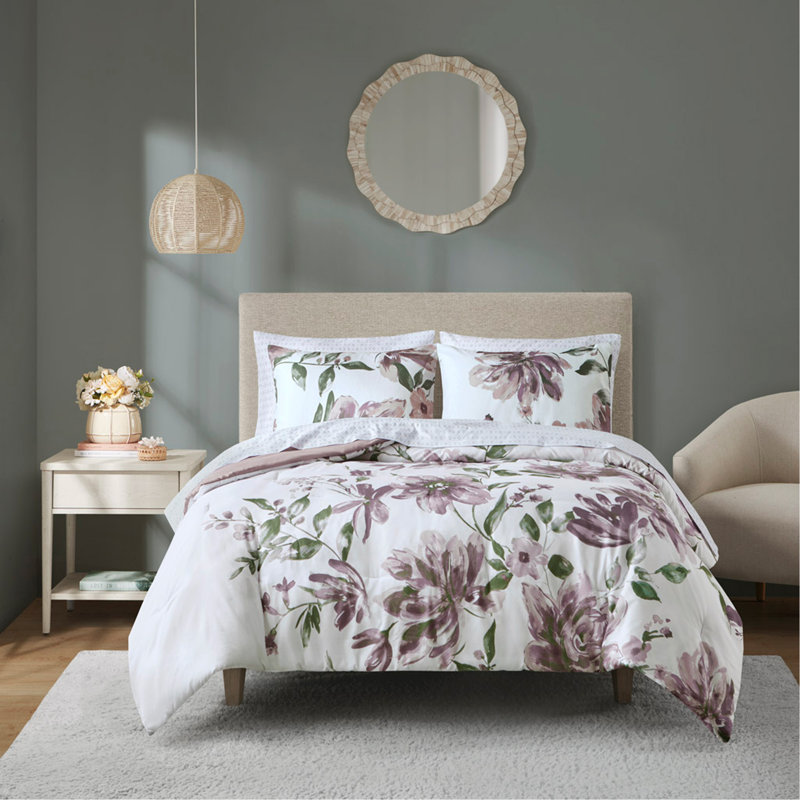 Ensemble d'édredon à motif floral grand avec draps, Édredon de grande taille et 5 pièces supplément, Mauve