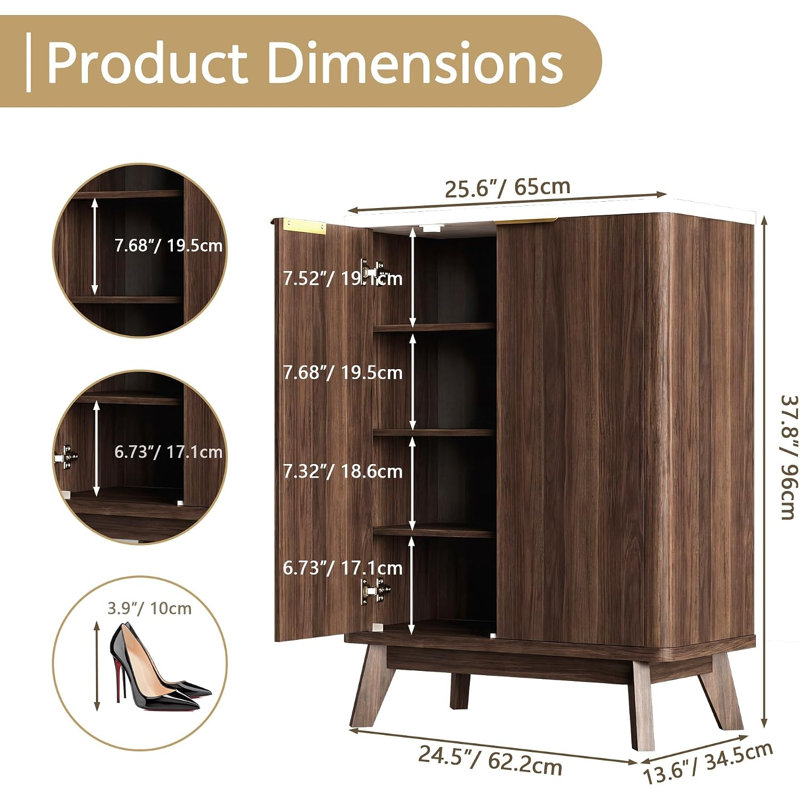 Range-chaussures avec portes et tablettes réglables, noyer | Armoire de rangement moderne en bois pour vestibule, vestibule et appartement, réduisant l'encombrement et l'accumulation de poussière