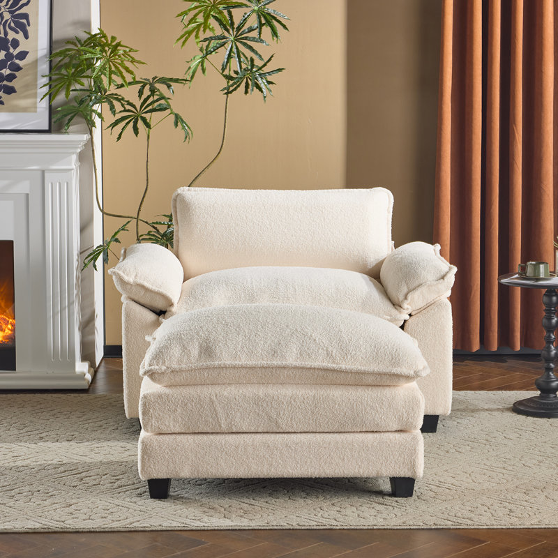 Fauteuil d'appoint à coussins doubles l 51,9 po avec repose-pieds, Crème Boucle