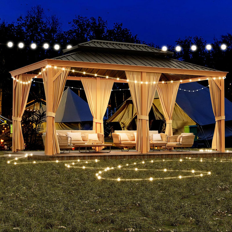 Heavy Duty Aluminum Hardtop Gazebo with Double Metal Roof, Mosquito Netting & Privacy Curtains, Weather-Resistant Outdoor Pavilion, Black Spray + Gray Cloth Black Mesh,
