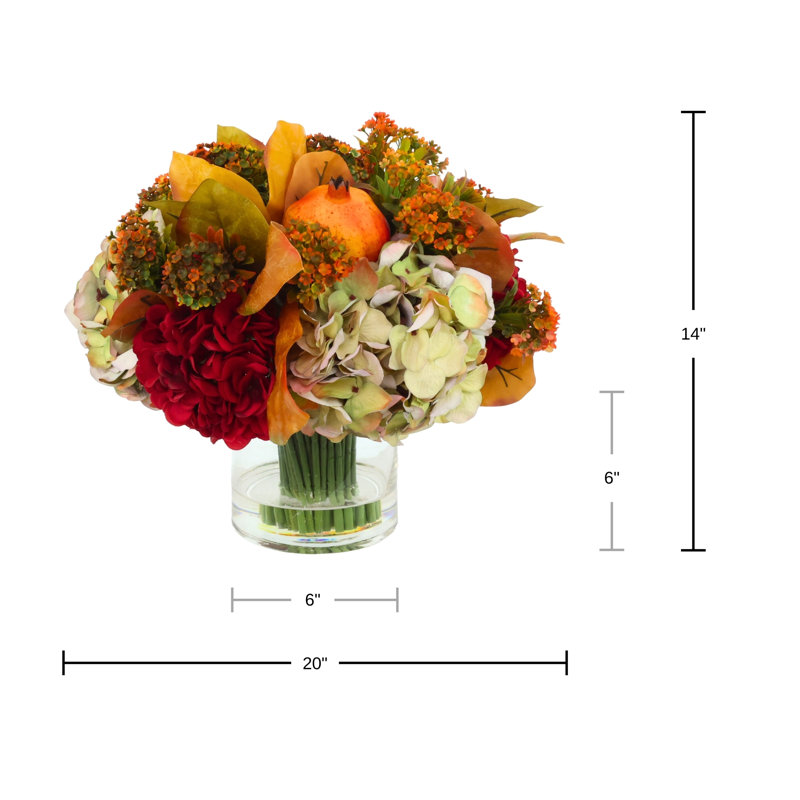 Assorted Hydrangeas and Fall Florals in Glass Vase