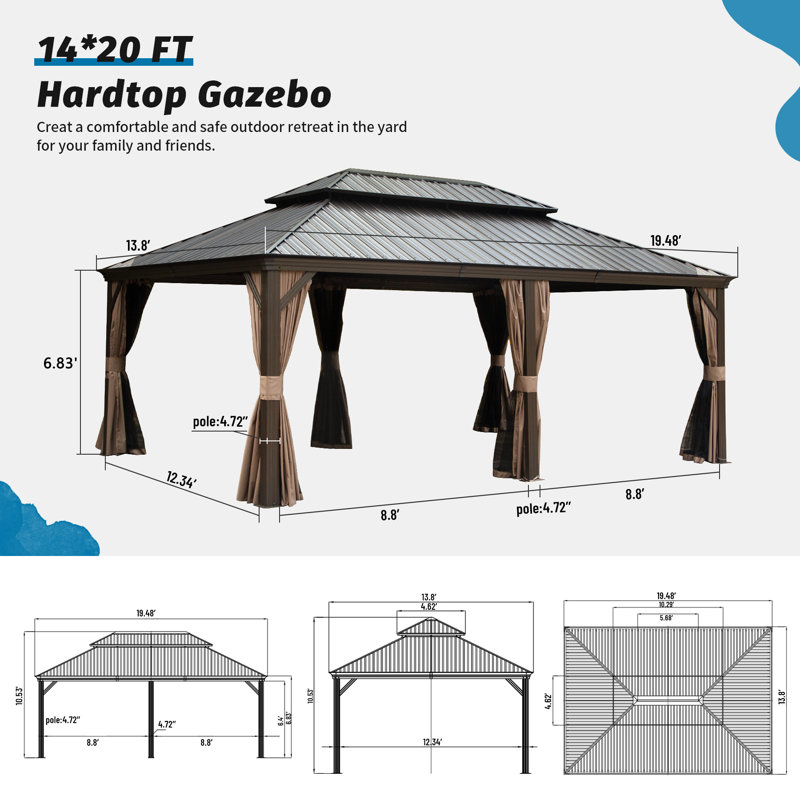 14 Ft. D x 20 Ft. W Galvanized Steel Patio Gazebo, Dark Brown