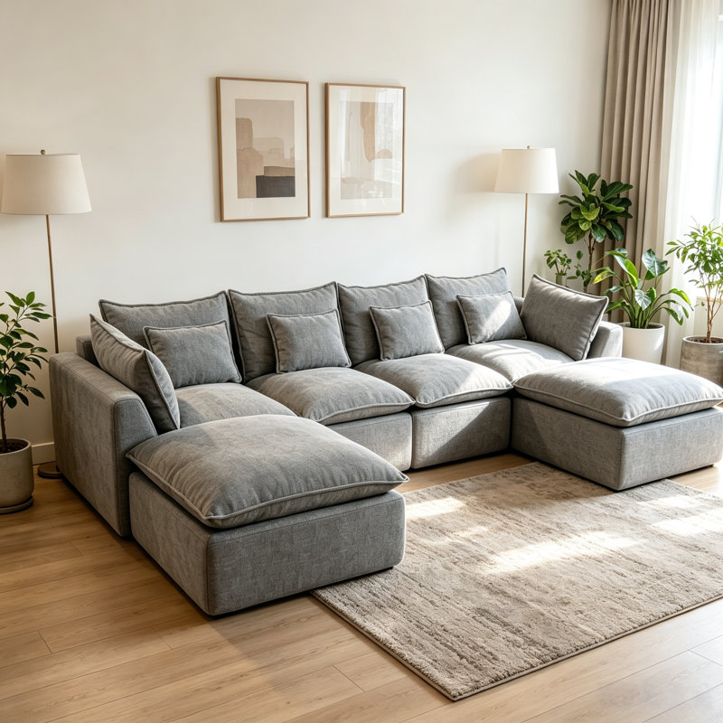 Boneless 129.8" U Shape Sectional Sofa Comfy Cloud Couch With Ottomans, Gray