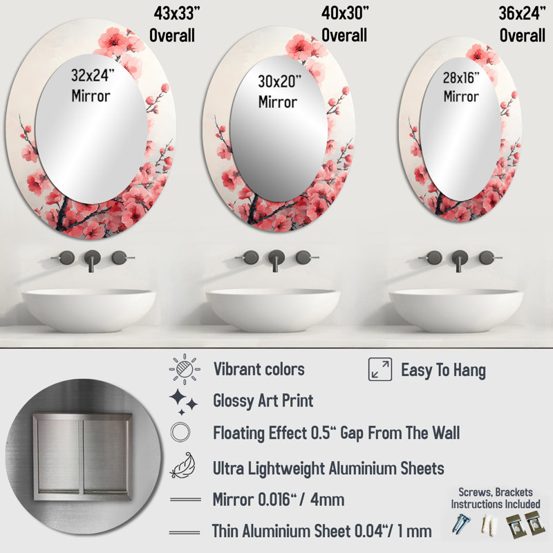Décoration de miroir rose ovale rose rose, 40 po x 30 po
