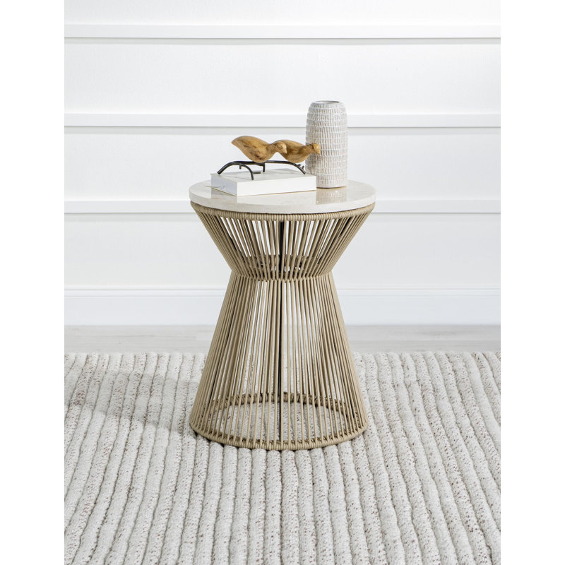 Blonde Oak and Travertine Round End Table