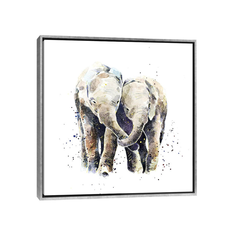 Deux éléphants par EdsWatercolours - impression, H 18 po x l 18 po x 1,5 po, Toile avec cadre argenté, Pas de tapis