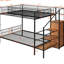 Lit superposé simple au-dessus d'un lit double en métal noir, avec rangement latéral et garde-robe, étagères grillagées reconfigurables - noir