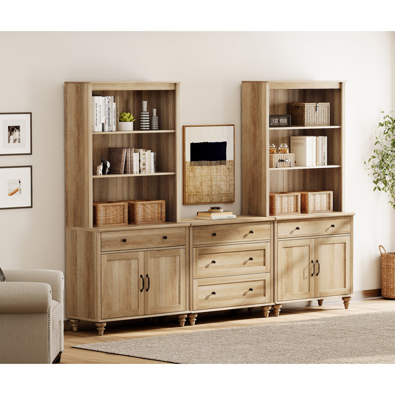 Scarlett 72.1"H X 67.7"W Bookcase With 5 Drawers And 2 Cabinets, Tall Book Case With Two 3-Tier Open Book Shelfs, Large Wood Bookcases Farmhouse Bookshelves For Living Room Bedroom Home Office Kitchen, 72''