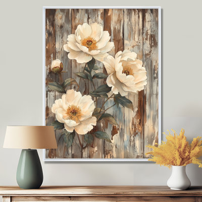 Pe pivoines par la porte de grange III - pivoines, reproduction d'art sur toile encadrée