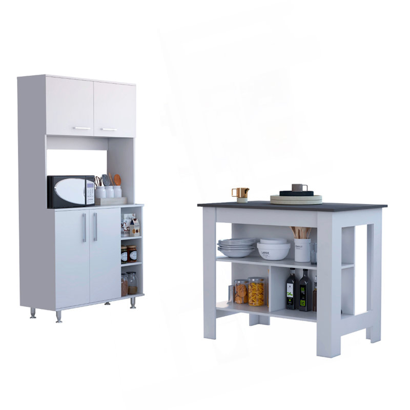 White And Onyx 2-Piece Kitchen Set, Kitchen Island And Pantry Cabinet