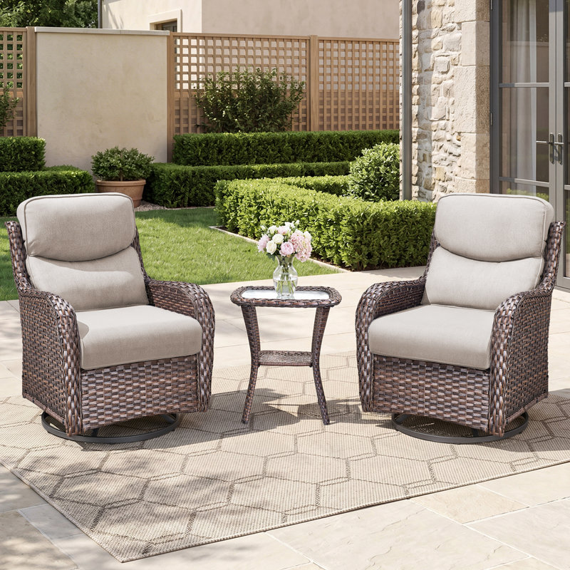Simle 2 - Person Outdoor Seating Group PE Wicker Swivel Glider Chair With Cushions And Side Table, Beige, Brown
