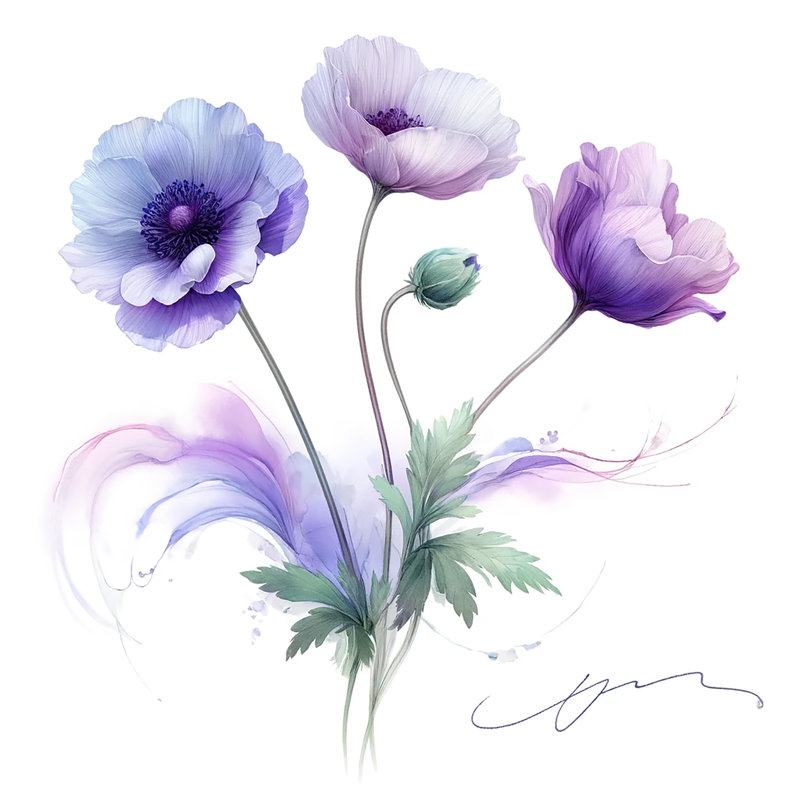 «Trio of Purple Anemones», art sur toile tendue, H 12 po x l 12 po x P 1 po