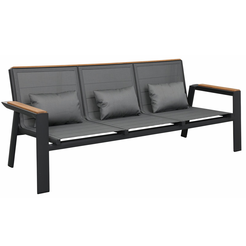 Higold - 2031 Geneva 4 Pieces Patio Conversation Set, 5 Seaters Outdoor Sofa, Made Of Space Aluminum, Teak Wood, Textile, Matte Charcoal Powder Coating