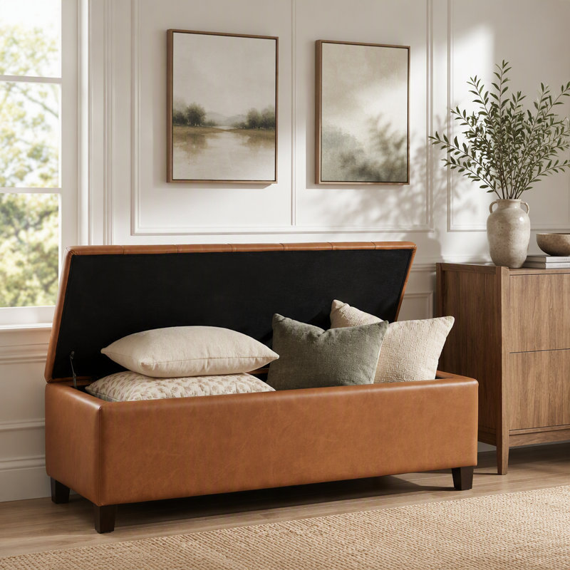 Banc ottoman avec rangement, surface en polyuréthane, pieds en bois d'hévéa, capacité de charge de 136 kg, Simili cuir, Brun