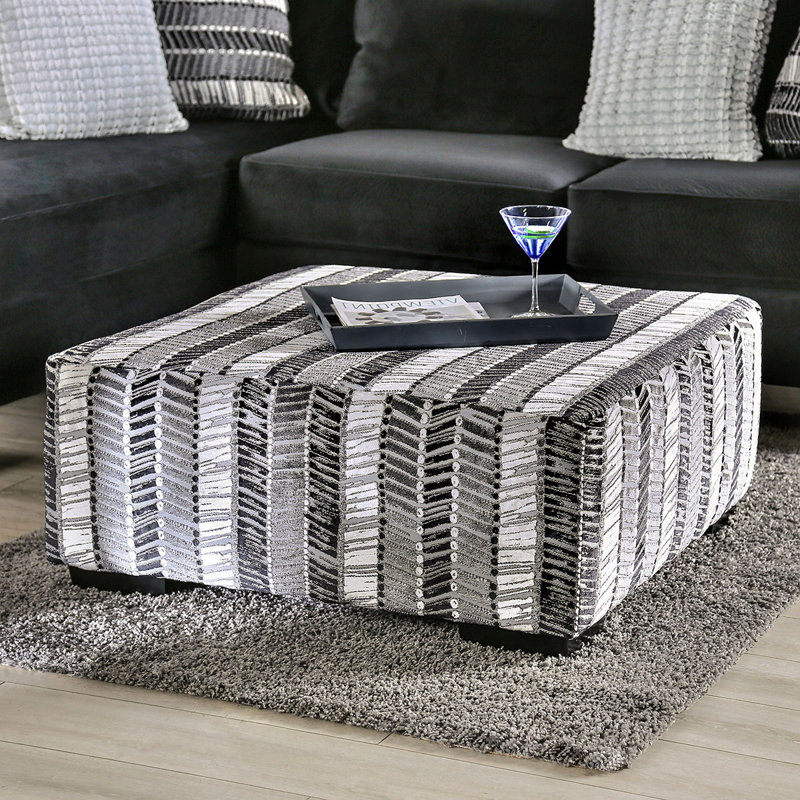Transitional Style Square Upholstery Ottoman With Block Legs Stripe Multi Finish