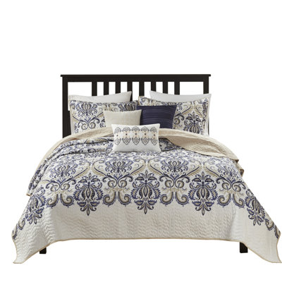 Quilt With Throw Pillows, Navy/Tan, Full/Queen. Updated Paisley, 100% Microfiber Quilt. Brushed Reverse Fabric. 2 Shams, 3 Decorative Pillows. Machine Washable 6 Piece Reversible Paisley Design, All