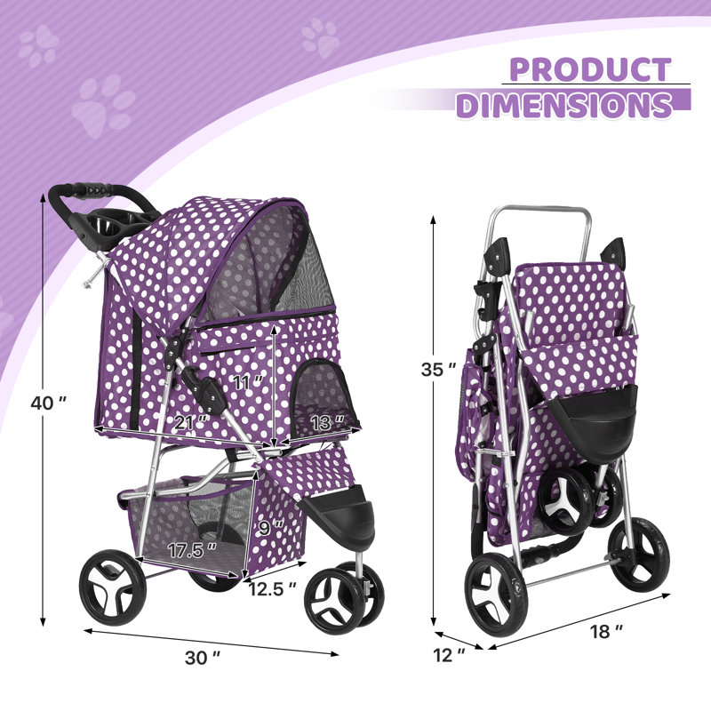 Purple Polka Dot Foldable Pet Stroller with Storage