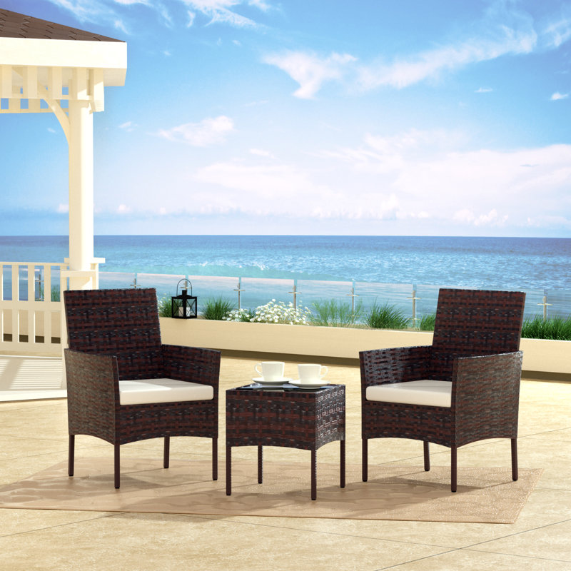 Ensemble de meubles de patio 3 pièces, ensemble de fauteuils d'extérieur en osier avec table basse et coussin épais, noir et blanc