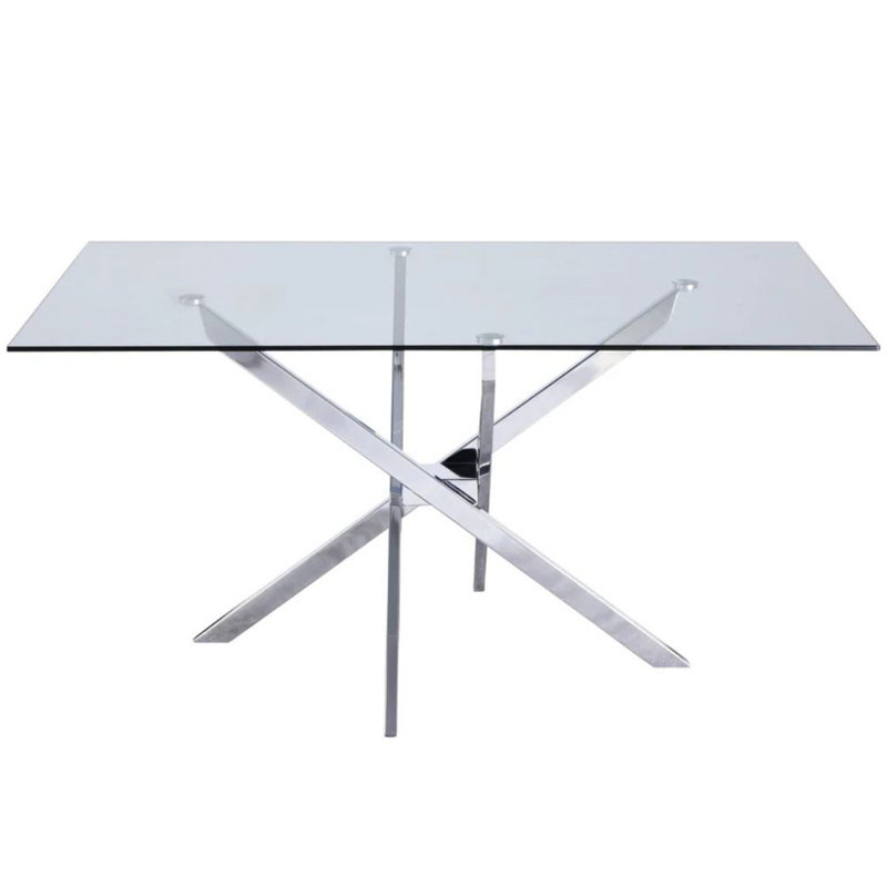 Virelli Cross-Base Glass Dining Table, 30" H x 63" L x 36" D, Silver